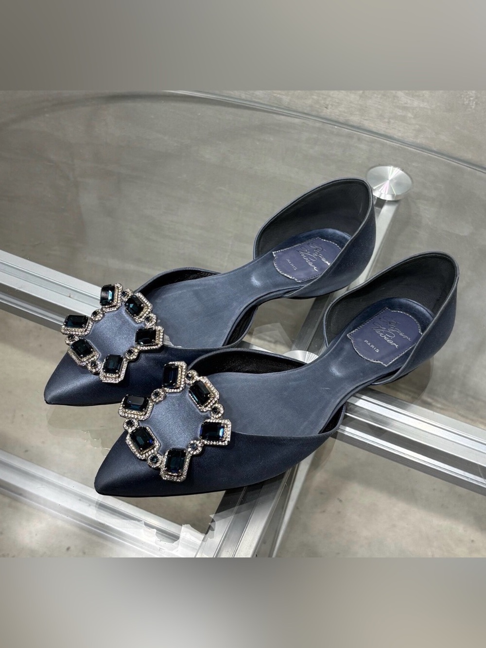 Roger Vivier Navy Satin Pointed D'Orsay Flats with Crystal Buckle